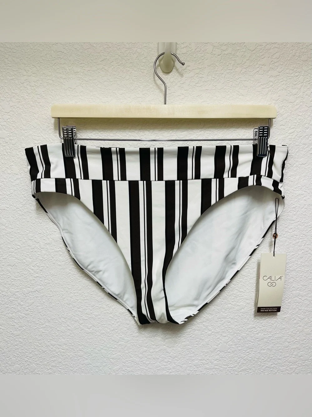 CALIA Variegated Stripe & Shirred V Front Mid-Rise Swim Bottoms Women’s Size L